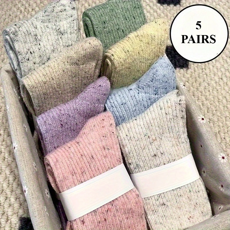 5 pairs of women's mid season socks in solid color and simple style, suitable for daily wear