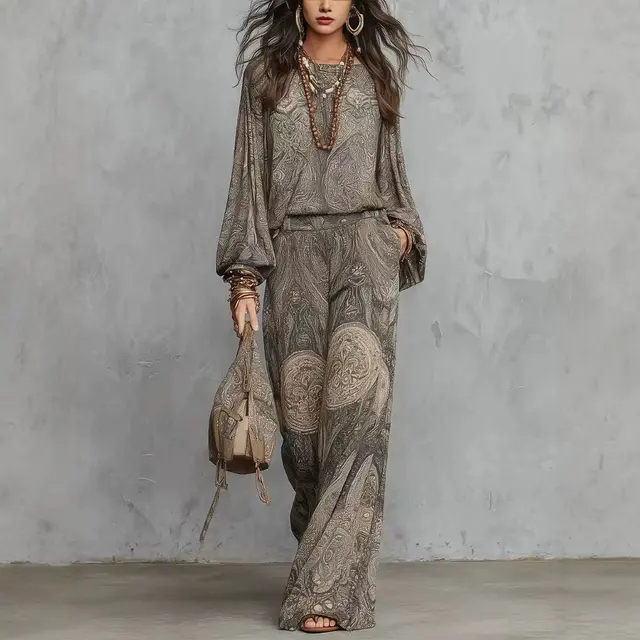Conjunto de 2 Piezas con Estampado Paisley Boho para Mujer, Blusa con Cuello Redondo, Atuendo Elegante, Primavera 2026, Pantalones Anchos Casuales