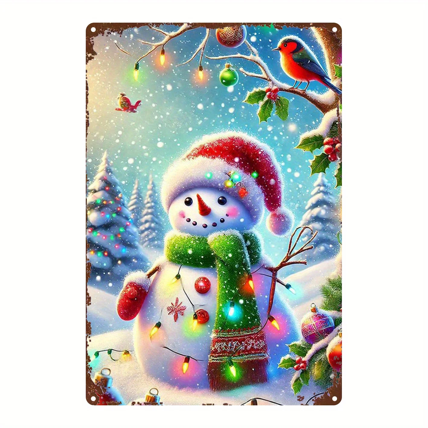 لوحة ثنائية الأبعاد، قطعة واحدة، panneau Metallique، decoration de scène de neige d'hiver: peinture en étain du père noël et des oiseaux، ad #1