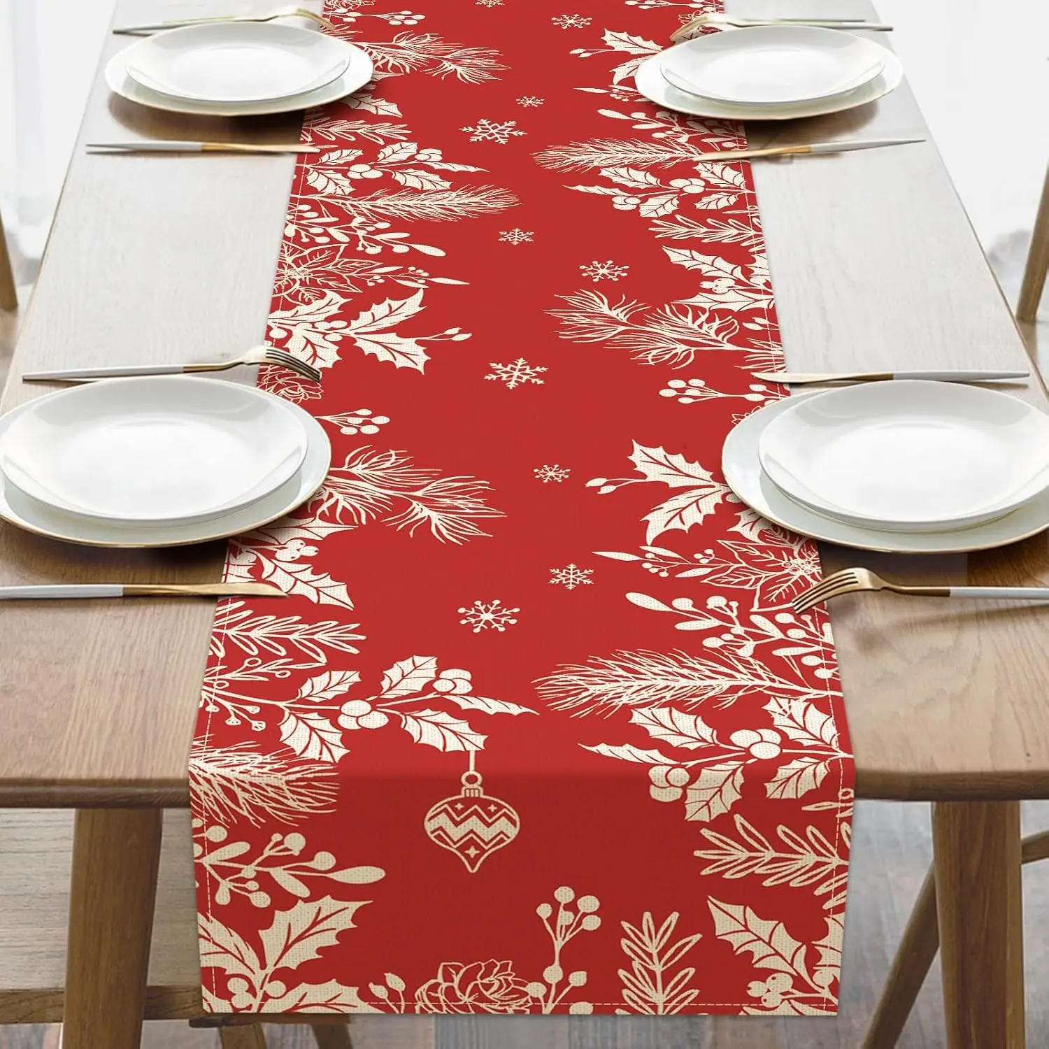 Christmas Flower Leaves Table Runner Party Decor Xmas Holly Berry Pine Needle Kitchen Dining Table Runners Christmas Decorations