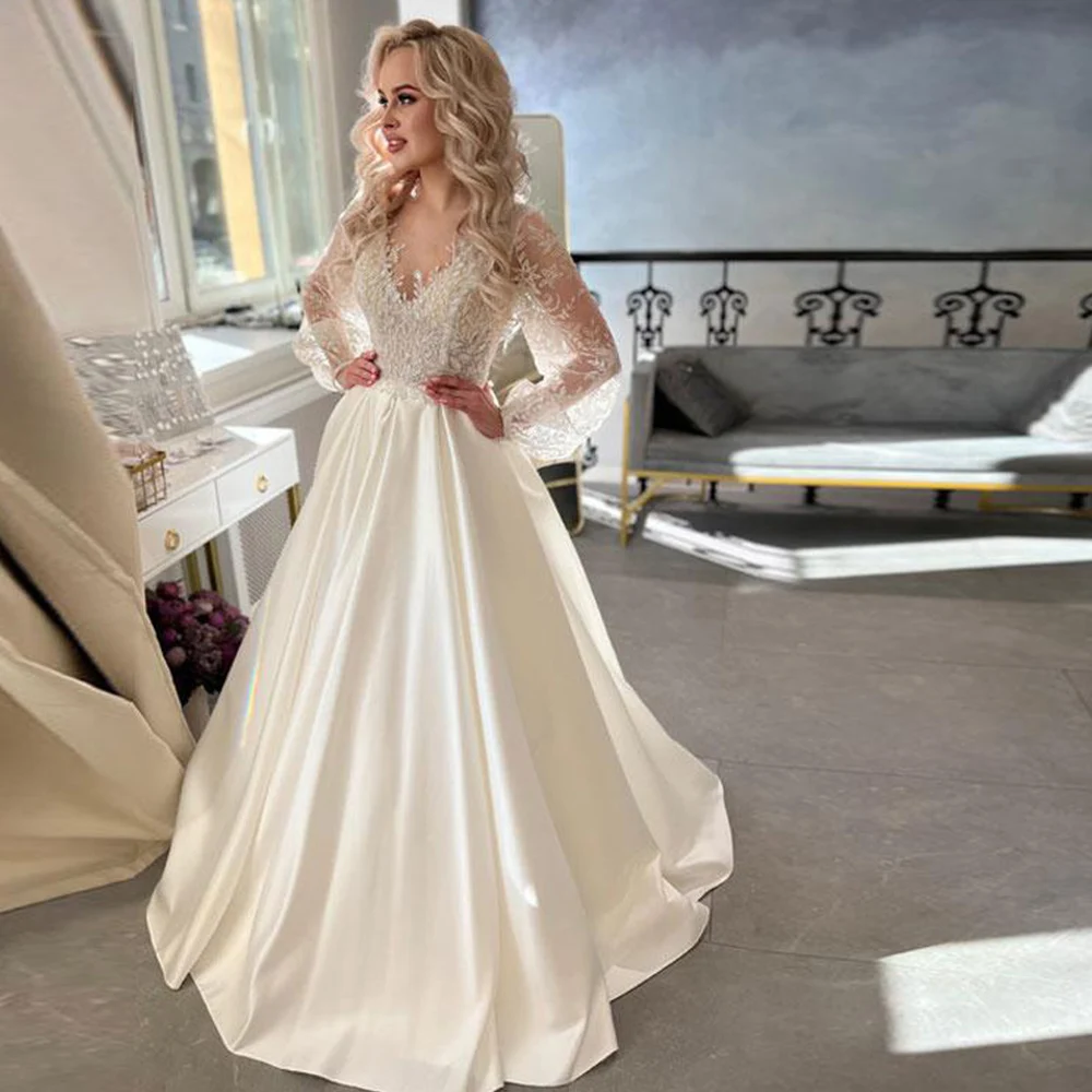 Simple Satin Wedding Dresses For Women Puff Sleeves Button Back Lace Appliques Bridal Gowns Illusion Vestido De Novia 2024