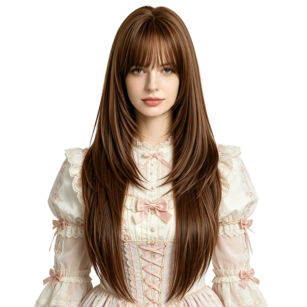 

Chestnut Brown Long Straight Layered Wig with Air Bangs For Women Natural Heat Resistant Synthetic Wig Daily Party Cosplay Use