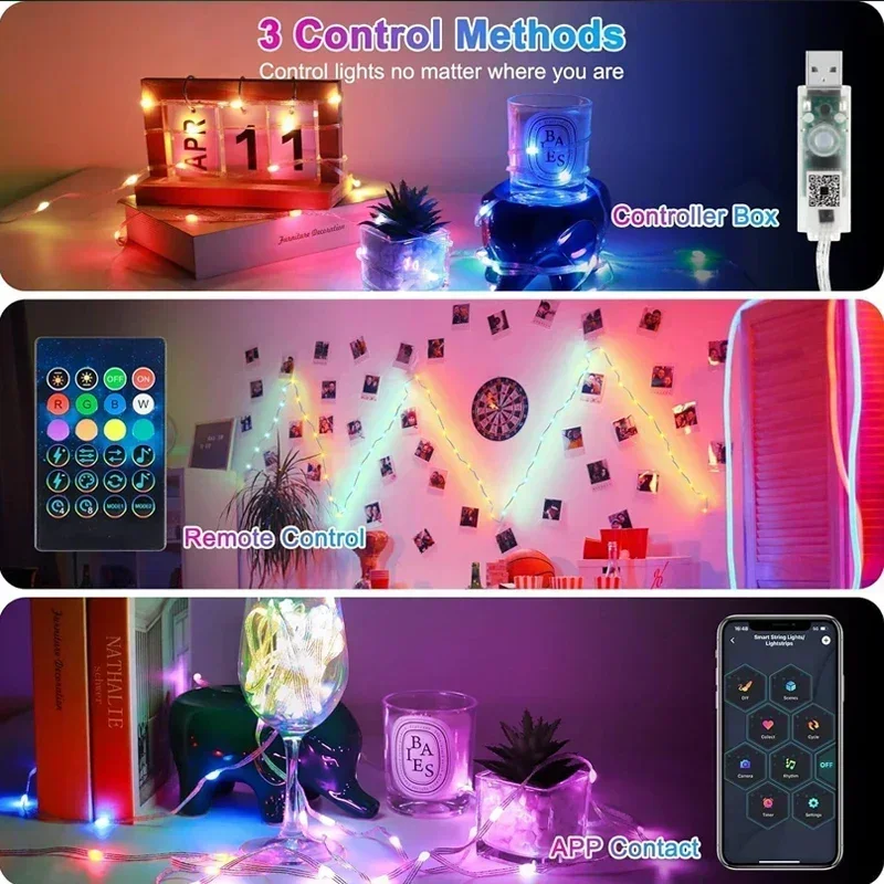 Guirnalda de luces LED inteligentes con Bluetooth, Control por aplicación RGBIC, resistente al agua, USB, música, sueño, luz de Color, decoración de