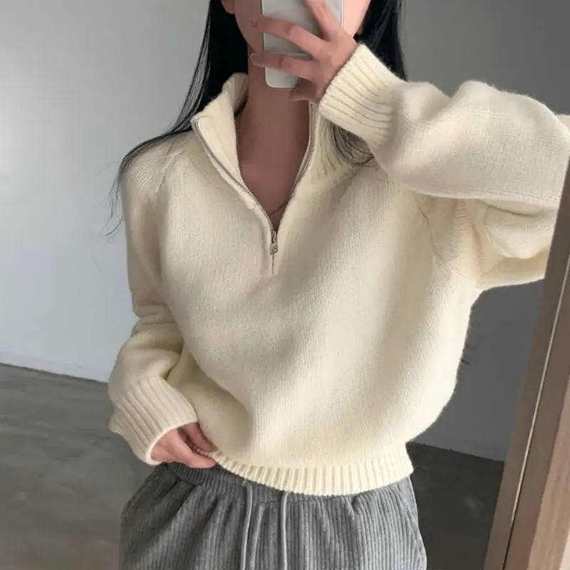 Design chique cor pura camisola de malha feminina ajuste solto outono inverno f zip gola malhas versátil casual topo