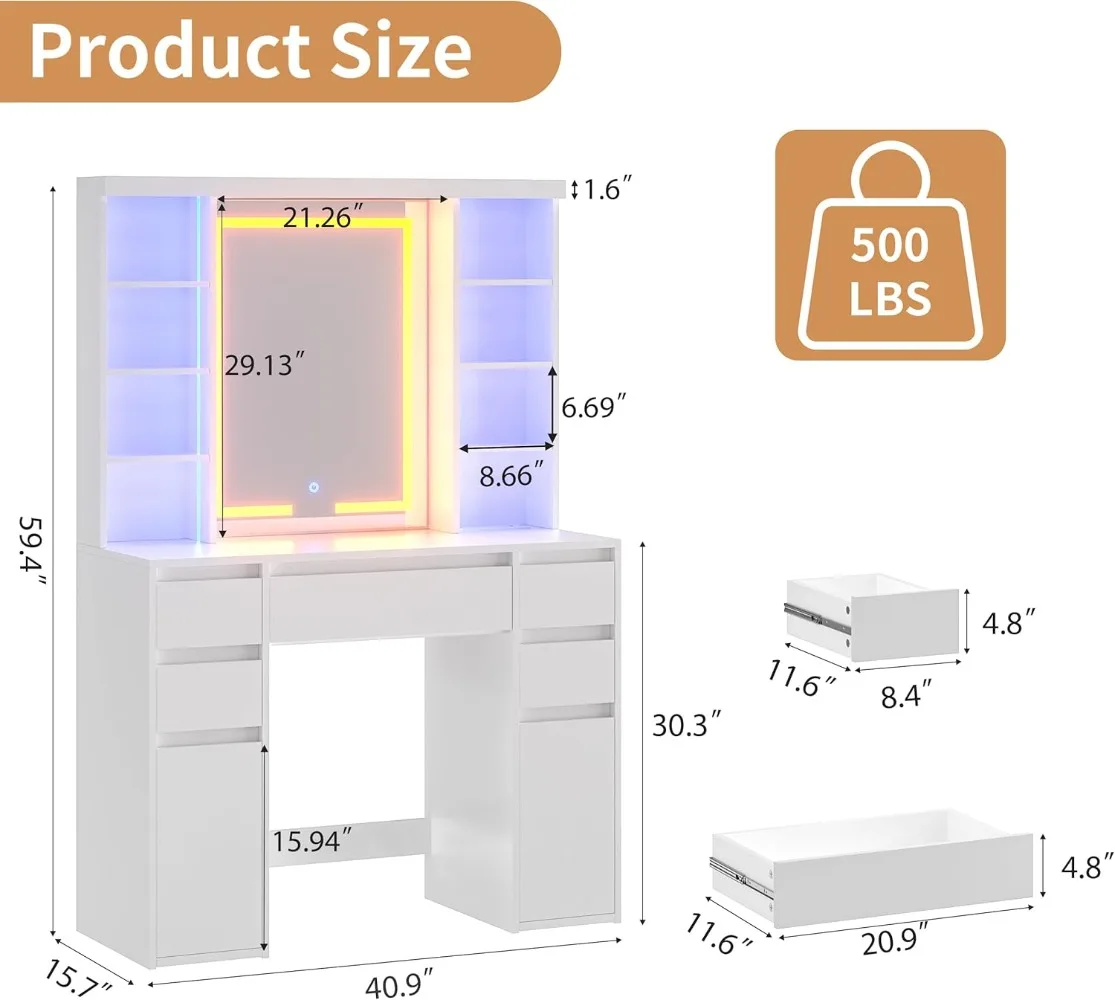 Escritorio de tocador alto con espejo LED y estantes de luces RGB, tocador de maquillaje con toma de corriente, mesa de tocador con 5 cajones deslizantes