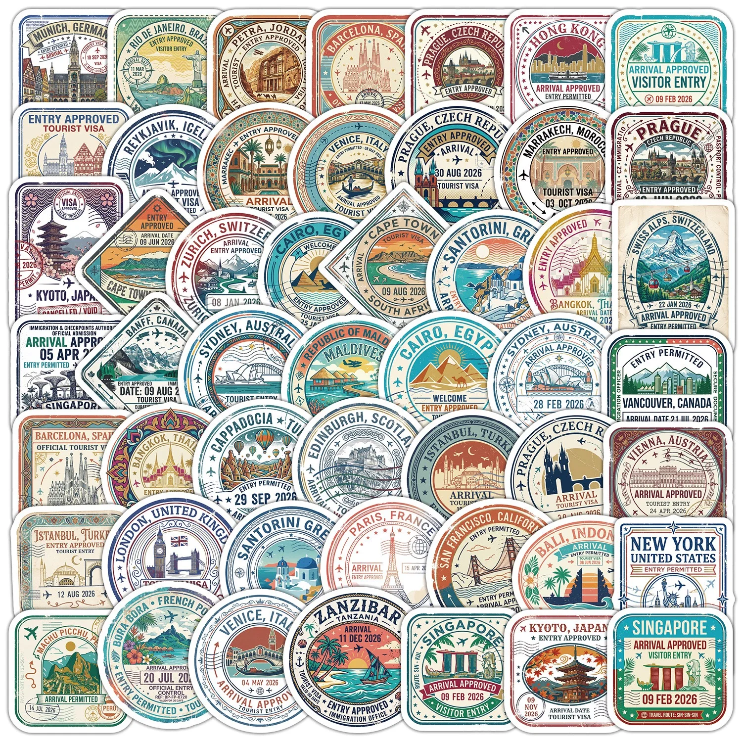 50pcs New Vintage Passport Stamp Graffiti Stickers Famous Buildings Travel City Decal Laptop Phone Cup Decoration Sticker