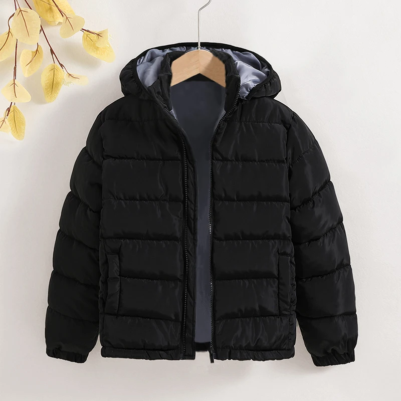 

Winter New Boy 8-12 Years Black Long-Sleeved Hat Detachable Padded For Boys Simple Style Jacket In Solid Color