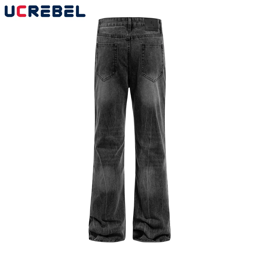 Lightning Texture Washed Distressed Jeans Mens Retro High Street Pocket Loose Denim Flare Pants Men
