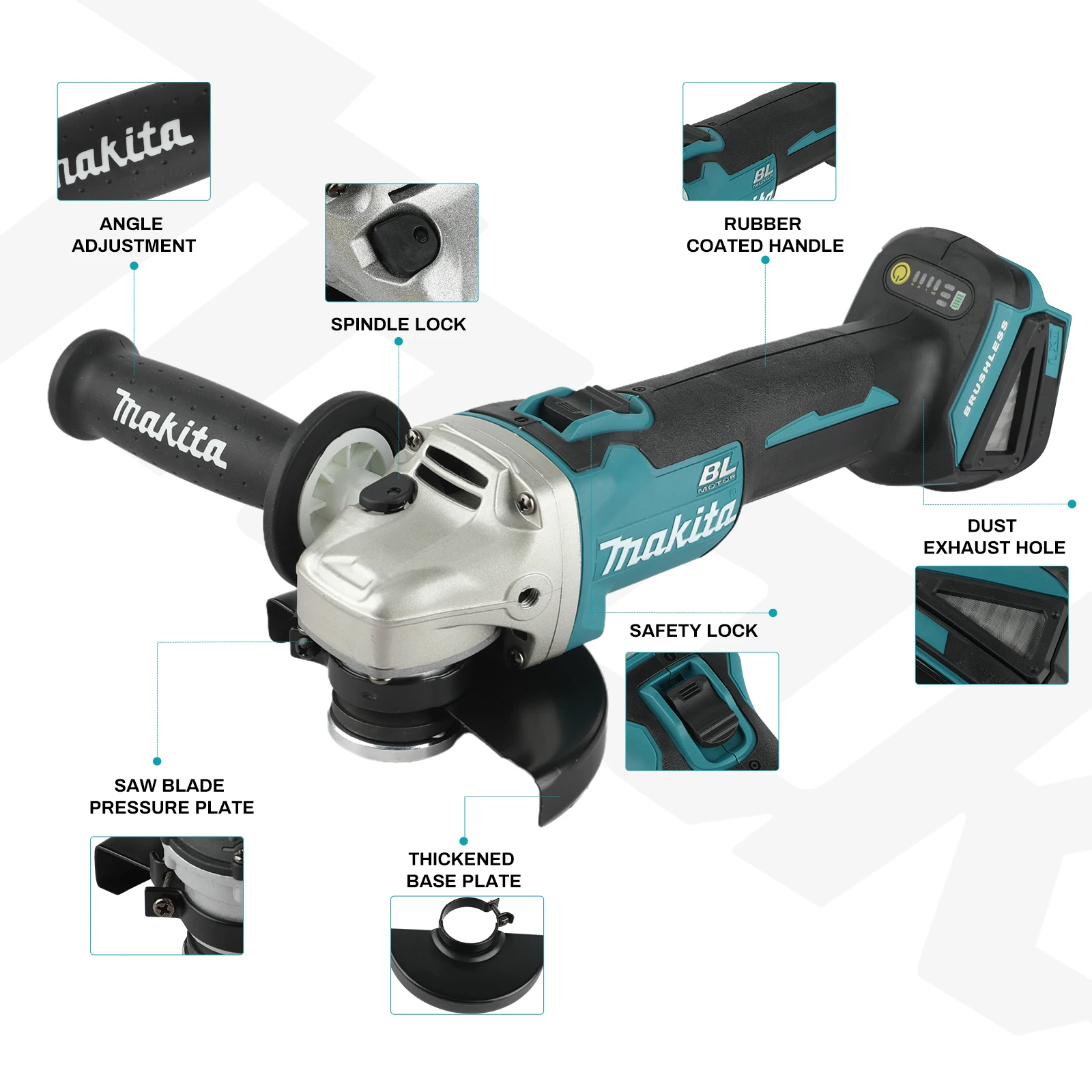 Makita DGA504 125 mm bürstenloser Lithium-Winkelschleifer, wiederaufladbare Poliermaschine, Hochleistungsschneidemaschine