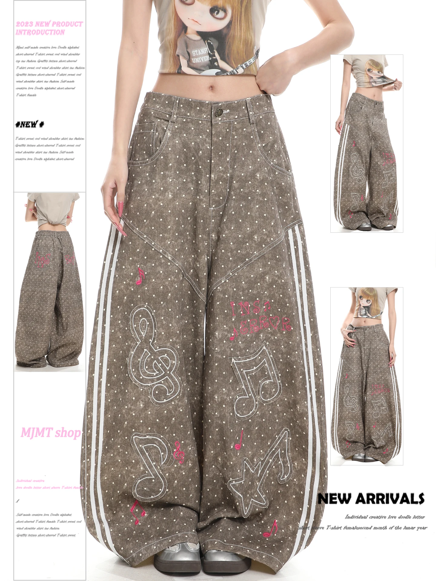 

Американские ретро-джинсы в горошек с высокой талией для женщин, весенний дизайн, свободные универсальные облегающие длинные брюки с узором в виде музыкальных нот