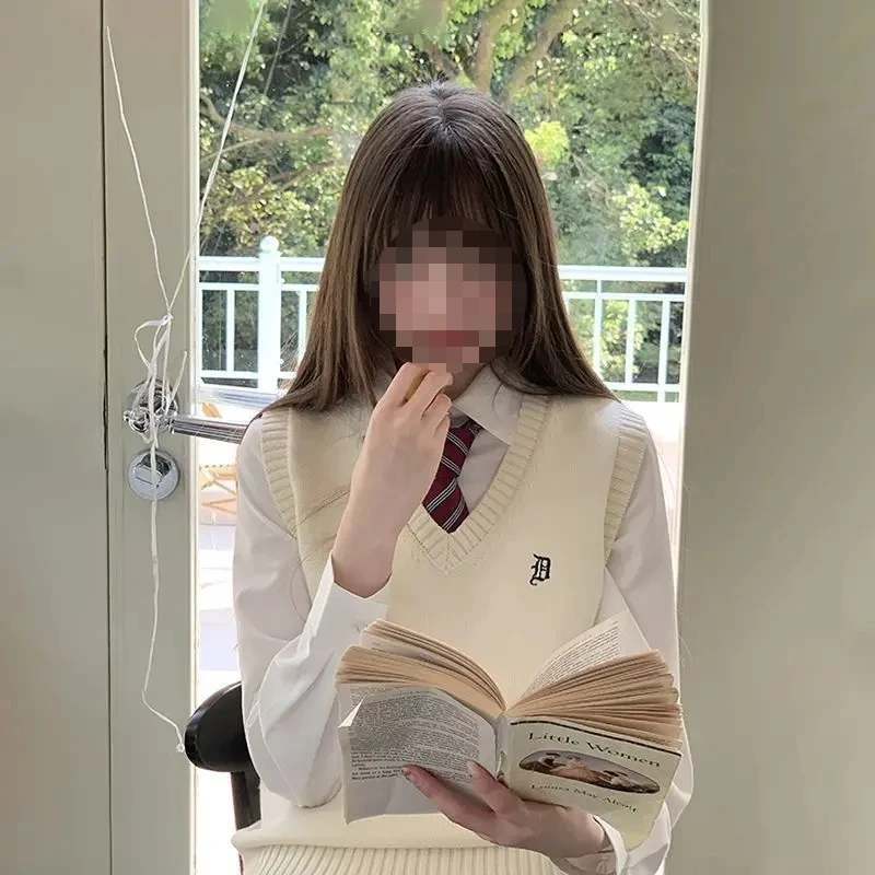Japanese‑style Preppy JK Uniform Set for Spring & Autumn, Women's 2‑Piece Outfit with V‑Neck Embroidered Knit Vest, Sweet Style