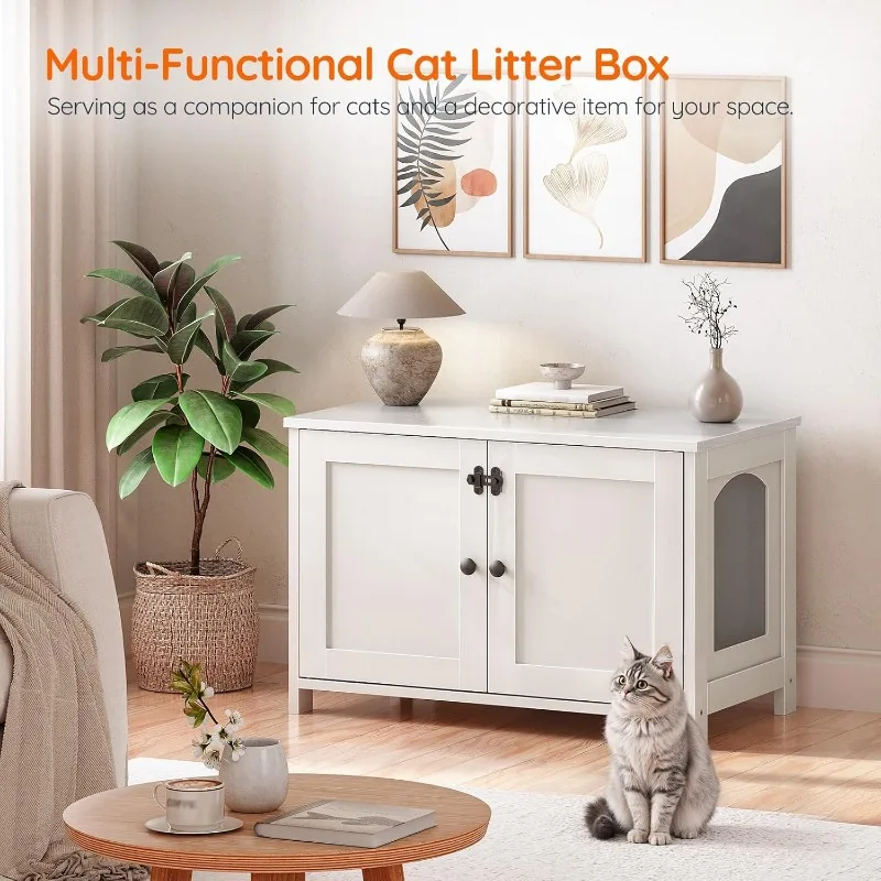 Litter Box Enclosure, Cat Litter Box Furniture with Removable Divider, Large Hidden Litter Box Furniture, Wooden Cat House