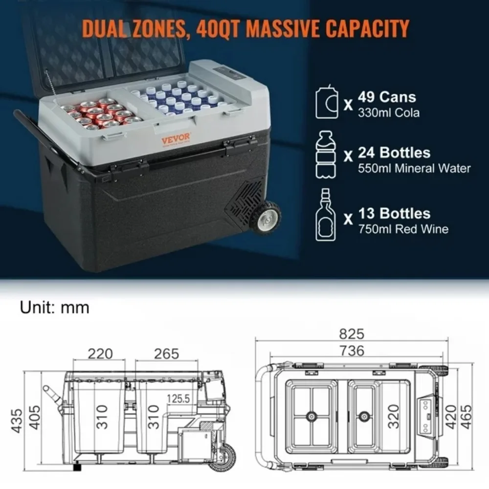 40Qt Car Refrigerator, 12v Portable Freezer with Dual Zone, 12/24V DC & 110-240V AC Electric Cooler with -4℉-50℉ Cooling Range