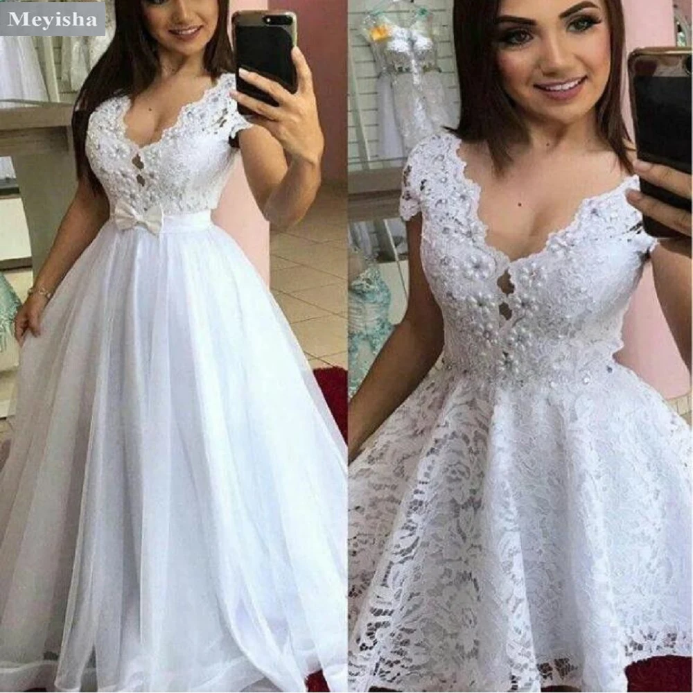 ZJ9358 Customized Gorgeous Short Sleeve Beach 2 IN 1 Wedding Dresses Vintage Lace Short Bridal Gown Detachable Skirt For Bride