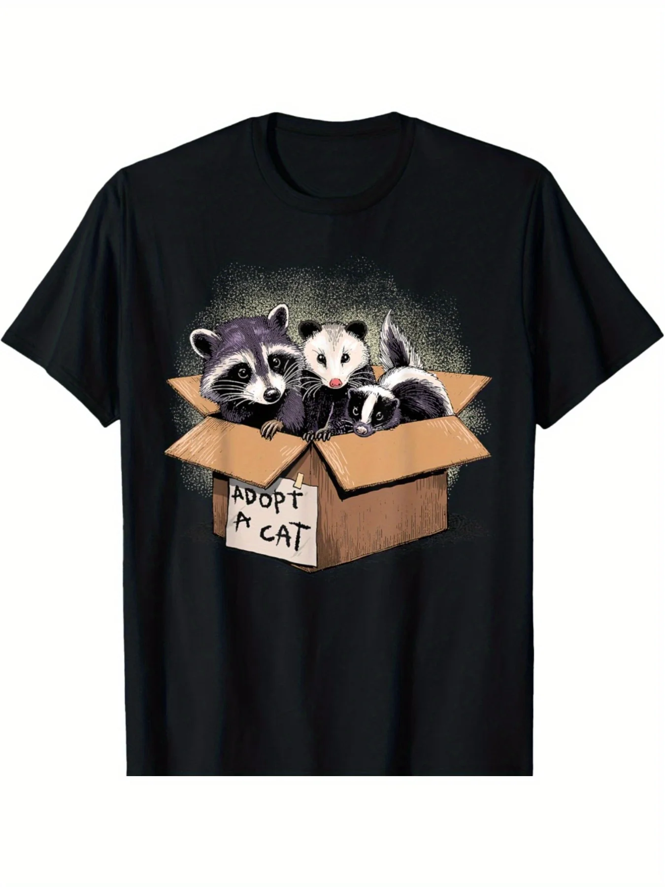 Adopt A Cat Raccoon Opossum Skunk Graphic Tee Casual Cotton T-Shirt for Men Daily Wear