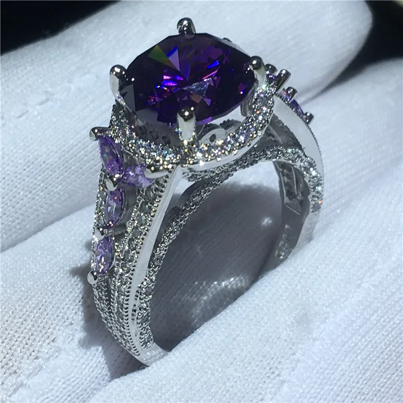 Flower 10mm Lab Amethyst Diamond Ring 925 Sterling Silver Engagement Wedding Band Rings for Women Men Party Finger Jewelry