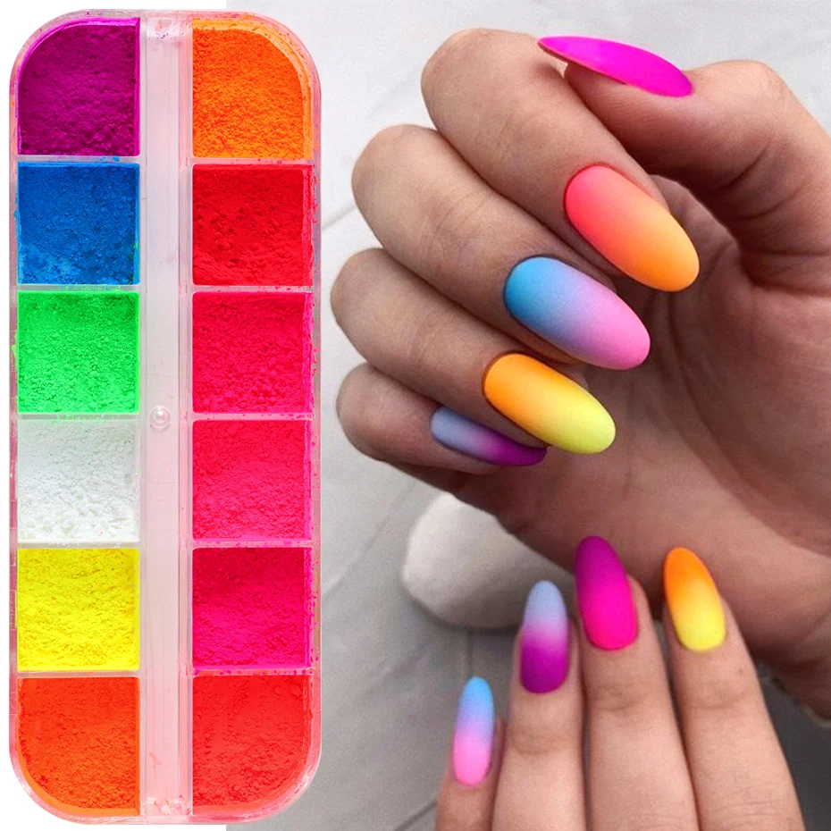 Pigmento de neón para uñas, 12 colores, efecto degradado, polvo fluorescente, polvo cromado para manicura, decoración de uñas con purpurina