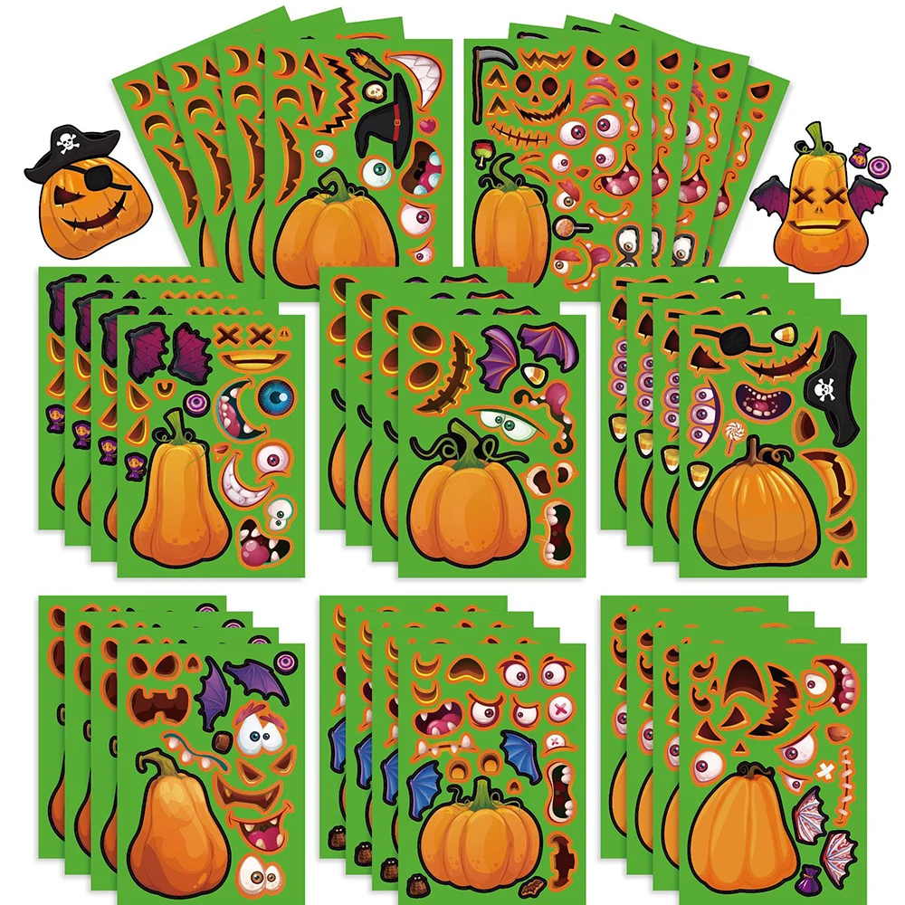 8/16 Blatt Halloween Cartoon Puzzle-Aufkleber Horror-Kürbiskopf-Gesichter zum Selbstgestalten DIY Journal Notizbuch Zusammenbaubares Puzzle-Sticker-Set