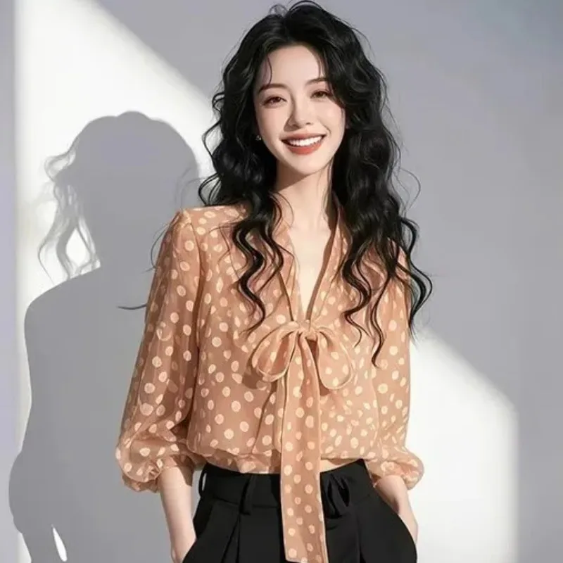 Women's Clothing French Style Top for Important Blouses Occasions Orange Polka-dot Bow Tie Shirt