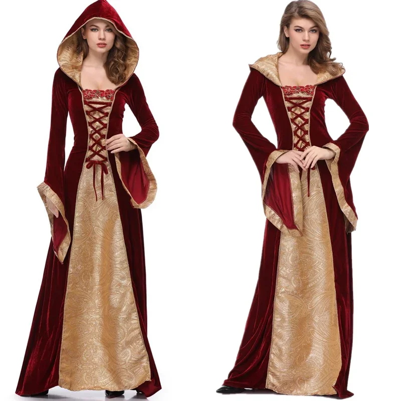 

Woman's Renaissance Victorian Medieval Gothic Long Dresses Halloween Cosplay Princess Queen Velvet Medieval Robe Hooded Gown