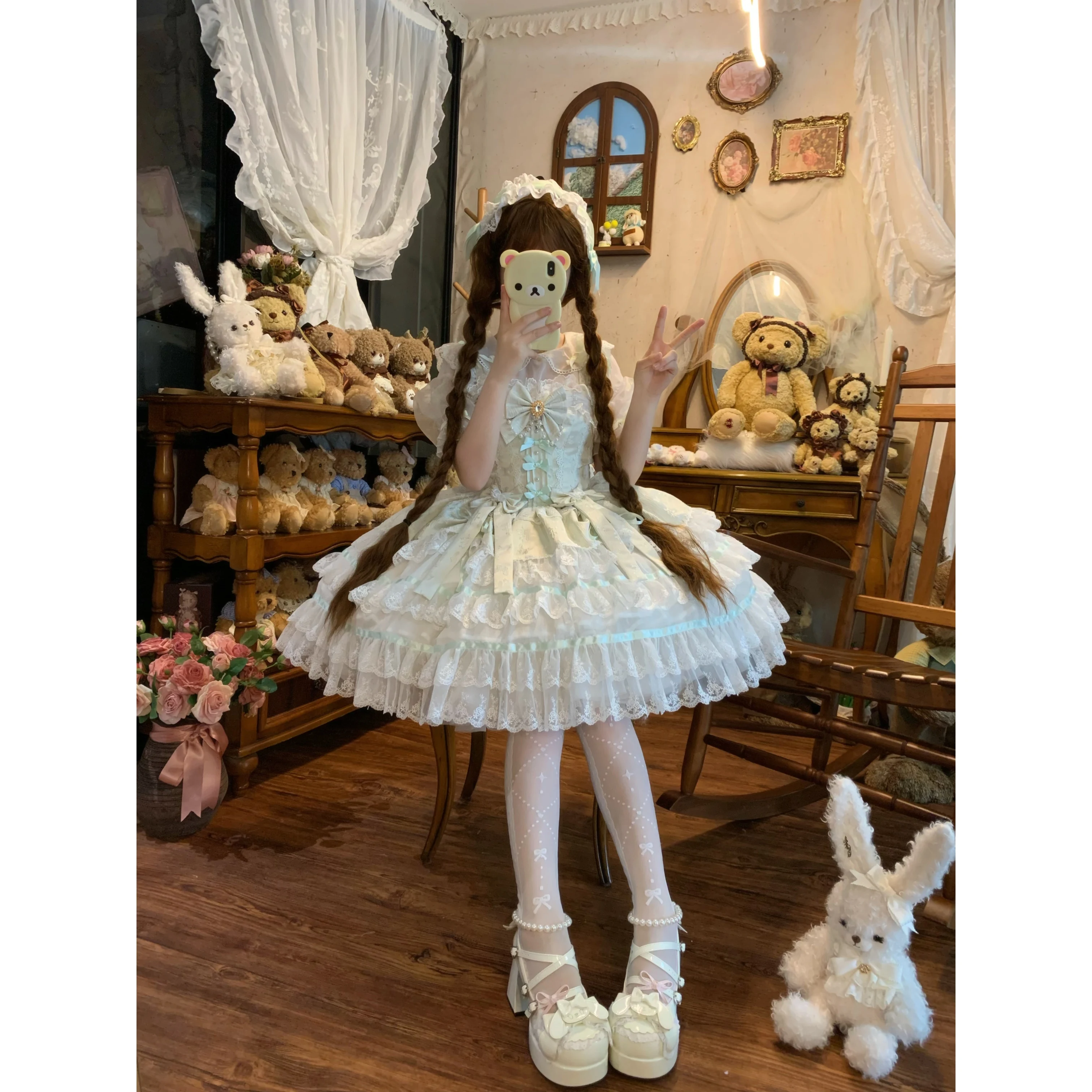 Gaun Lolita Biru Gaya Balet dengan Pita Manis JSK Gaun Tali untuk Wanita 2025 Gaun Kue Renda Jepang Baru