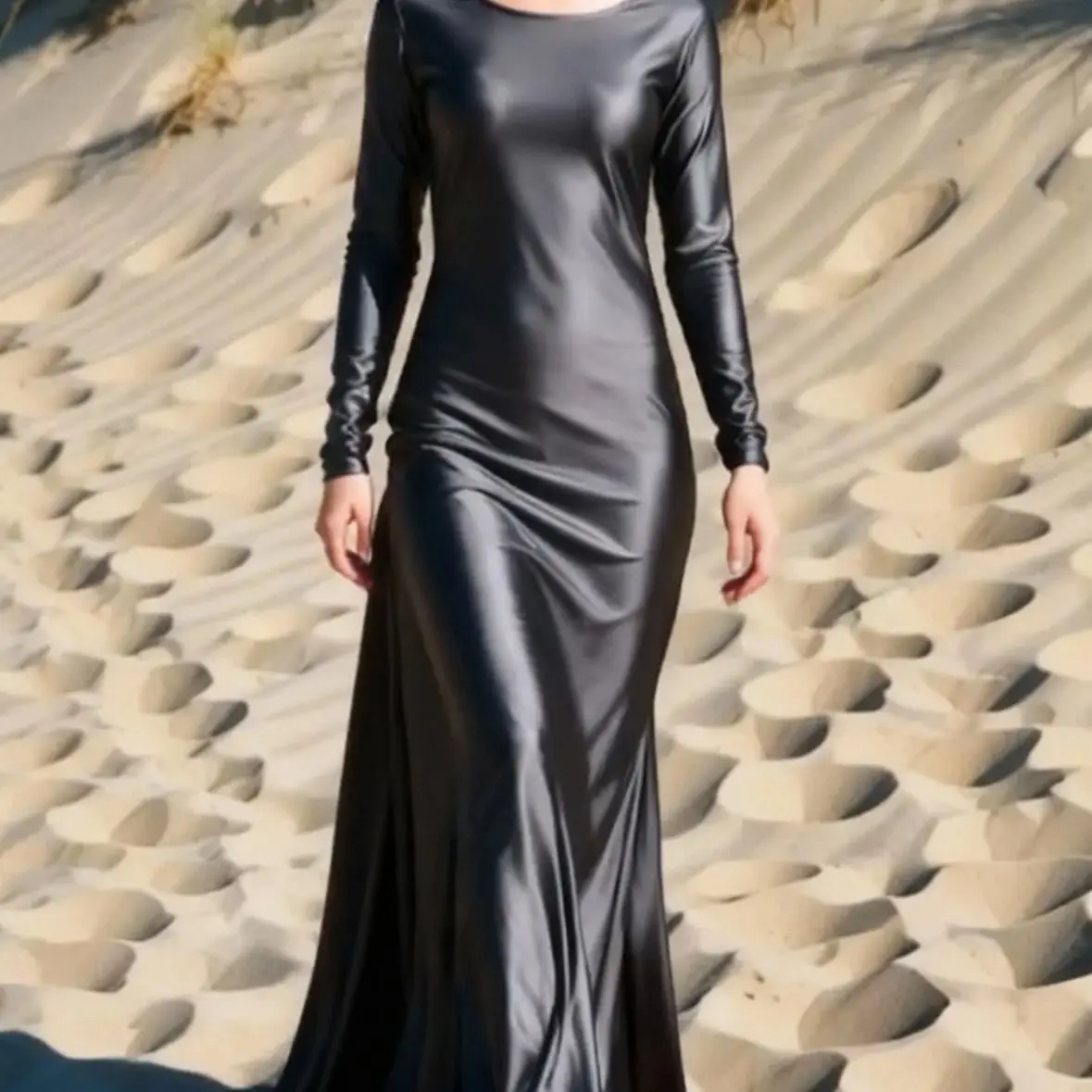 Czarna, błyszcząca sukienka maxi z satynowego jedwabiu, elegancka sukienka wkładana przez głowę, odzież do spania.