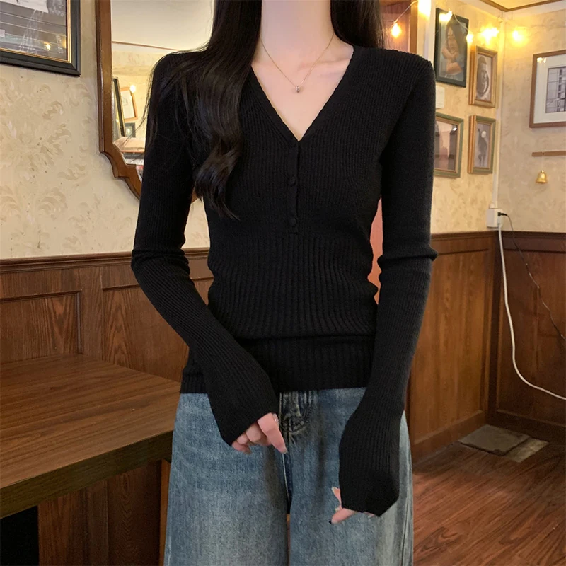 Stretch Slim Fit V-Neck Knitted Sweater Women Spring Autumn Sexy Tight Button Long Sleeve Pullovers High Quality Ribbed Knitwear