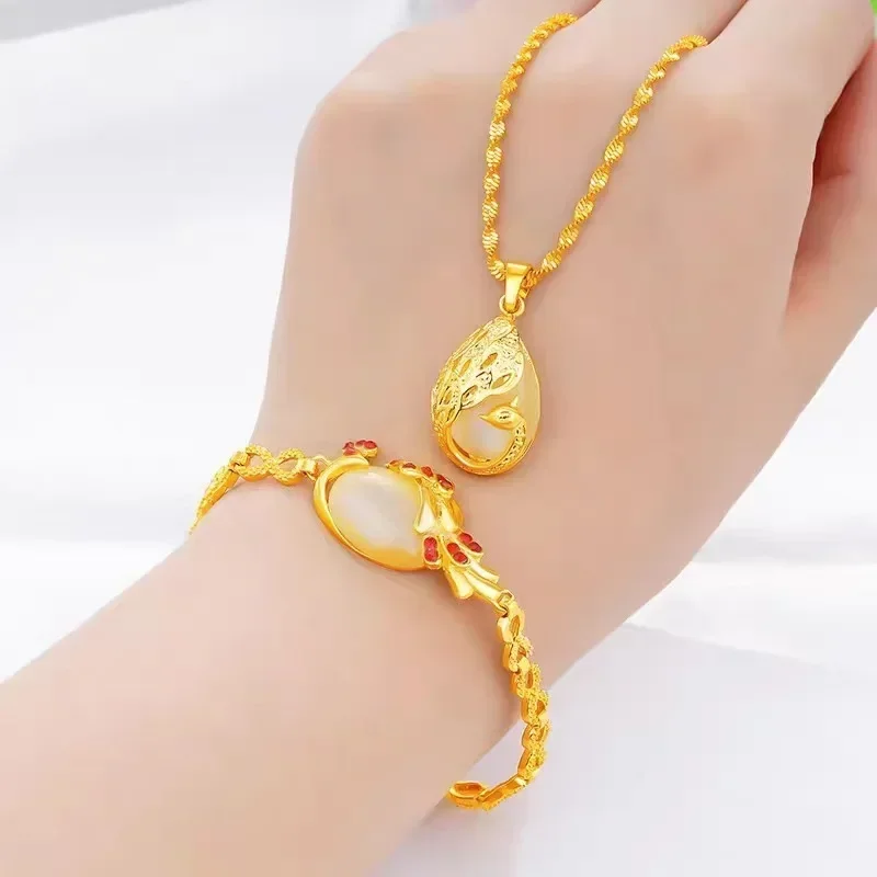 Luxury 24K yellow gold 9999 real gold Ladies Necklace Bracelet Peacock two-piece Pendant Cat's Eye AU750 Gold jewellery