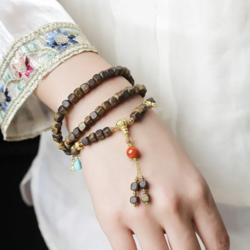 Authentic Natural Qi Nan Agarwood Beads 0.5mm , Square Sugar Shape, Women's Stackable Creative Bracelet