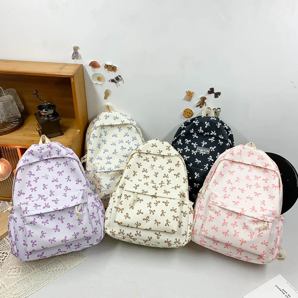 調節可能なストラップ付きトラベルバッグ、ナイロン製学生用バックパック、女の子と女性のためのボウプリントスクールバッグ、ナップサック、リュックサック