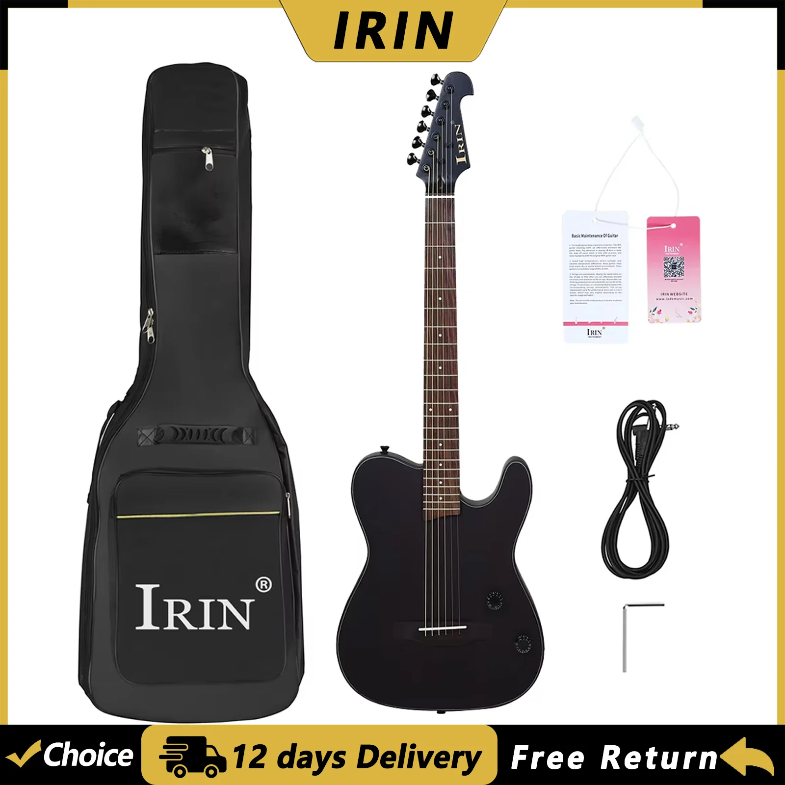 IRIN Electric Acoustic Guitar 39 Inch 6 String Oguman Body Silent Folk Guitar with Bag Cable Guitar Parts & Accessories