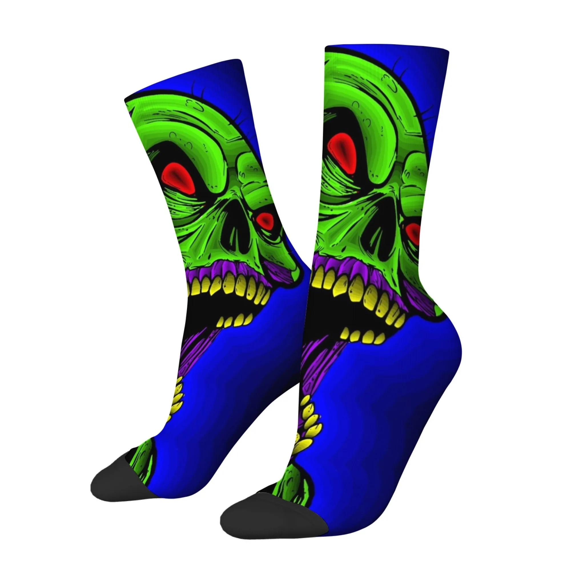Green Skull Print Socks Quirky Hip-hop Novel Funny Retro Harajuku Style Socks Comfortable Non-slip Breathable Soft Socks