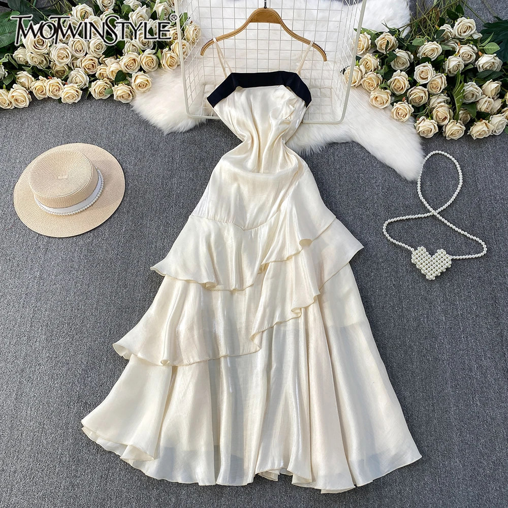 فساتين شيفون أنيقة من TWOTWINSTYLE للنساء بياقة مربعة بدون أكمام بخصر عالٍ فستان نسائي جديد KDR553145 #1