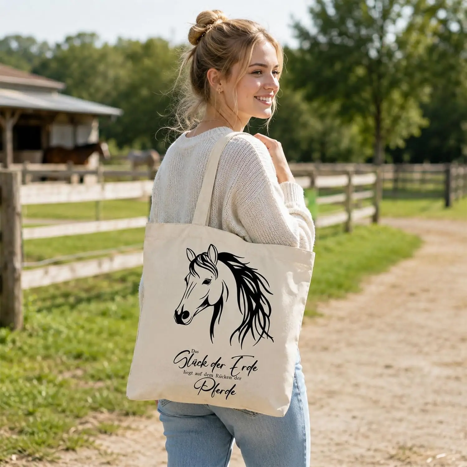 Vintage Black Sketch Horse Head German Quote Canvas Tote Bag Reusable Eco Shopping Shoulder Bag Gift For Horse Lovers