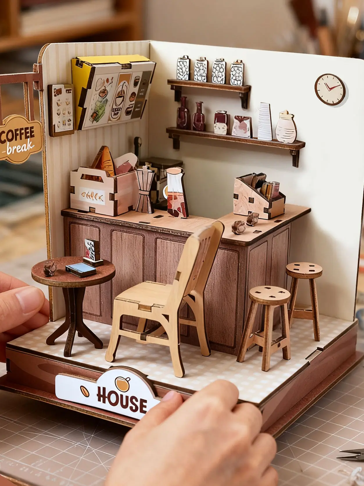 DIY Mini-Kaffeehaus aus Holz, 3D-Puzzle – 3D-Montage-Puppenhaus, festliches Geschenk, Bastelspielzeug für Heimdekoration und kreatives Hobby