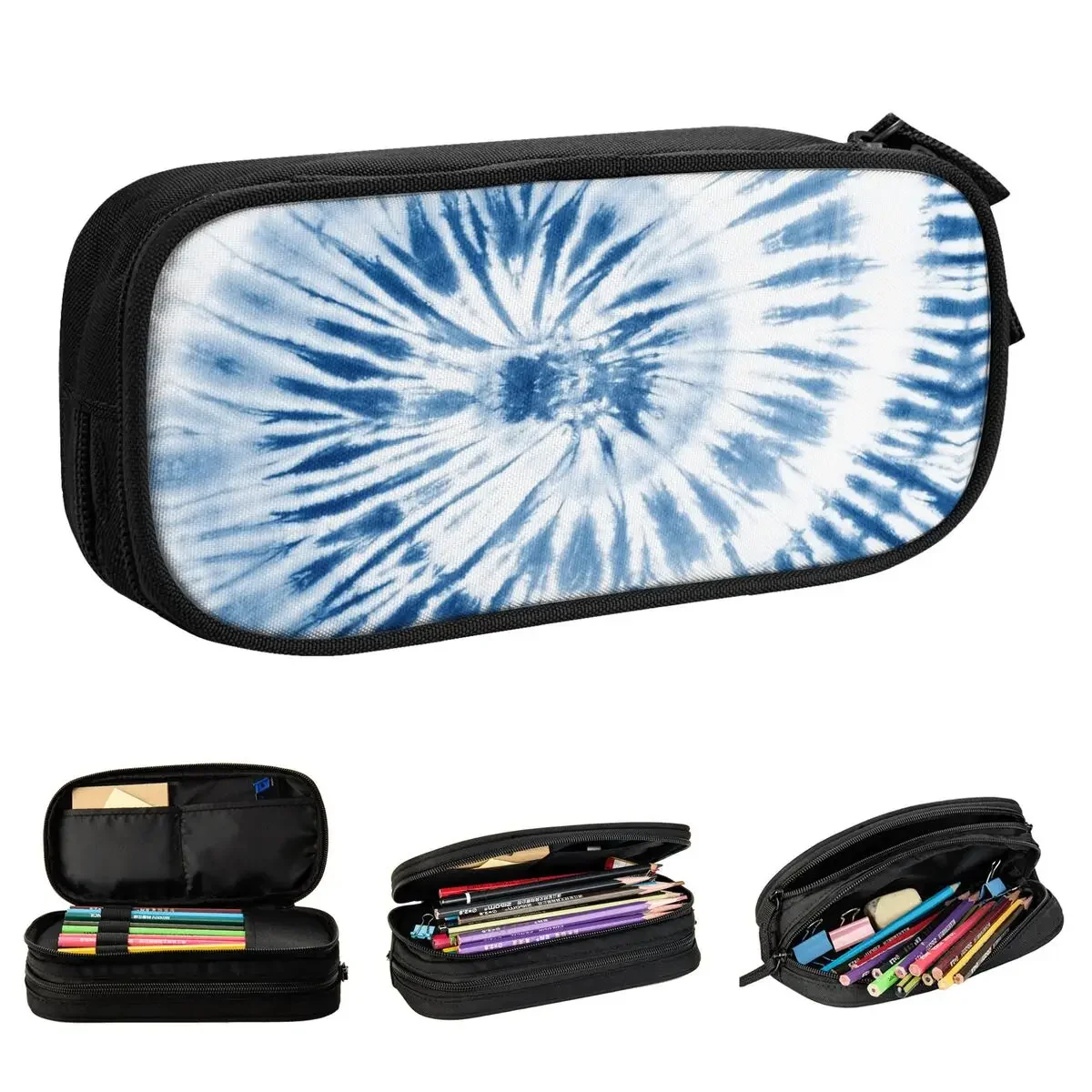 Blue And White Tie Dye Print Pencil Case cases Pen for Girls Boy Large Storage  Bags School  Stationery