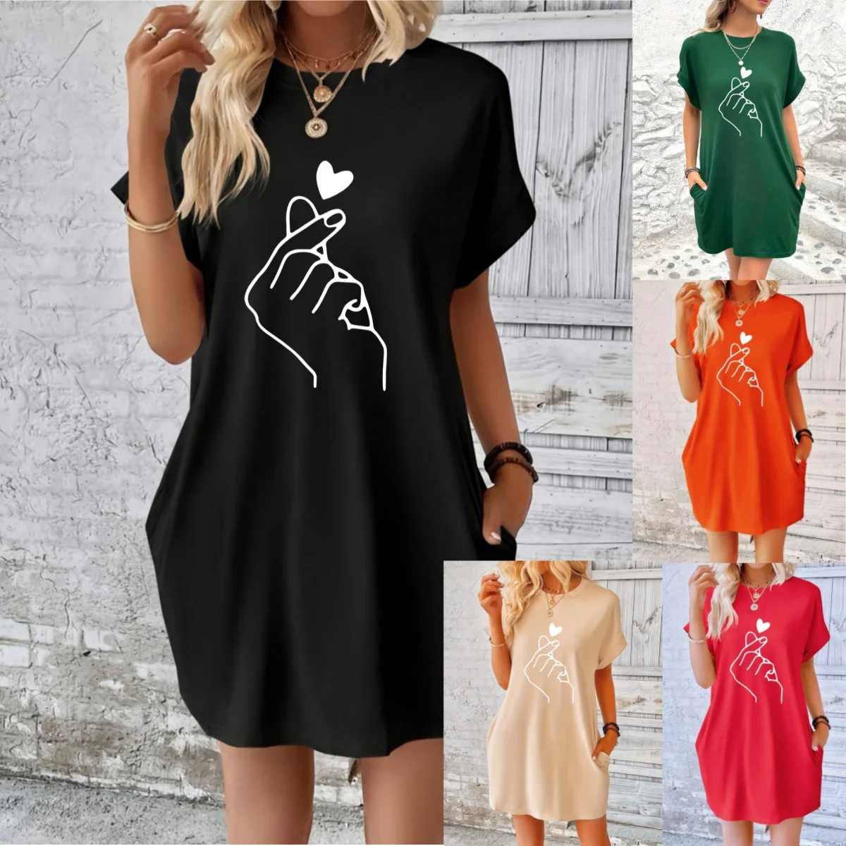 

Heart Print Crew Neck Dress Casual Short Sleeve Dress For Spring Summer Women's Clothing