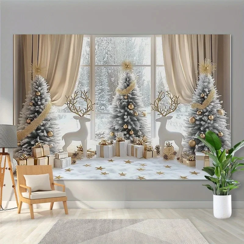VIKAMA Christmas Window Tapestry White Reindeer Snowy Xmas Tree Gift Box Curtain Wall Hanging Backdrop for Holiday Decor