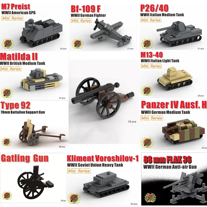 WWII Military MOC Vehicle Tank Series Model Soldier Weapon Pirates Cannon Field Gun Building Blocks Parts Figure Bricks Boy Toys