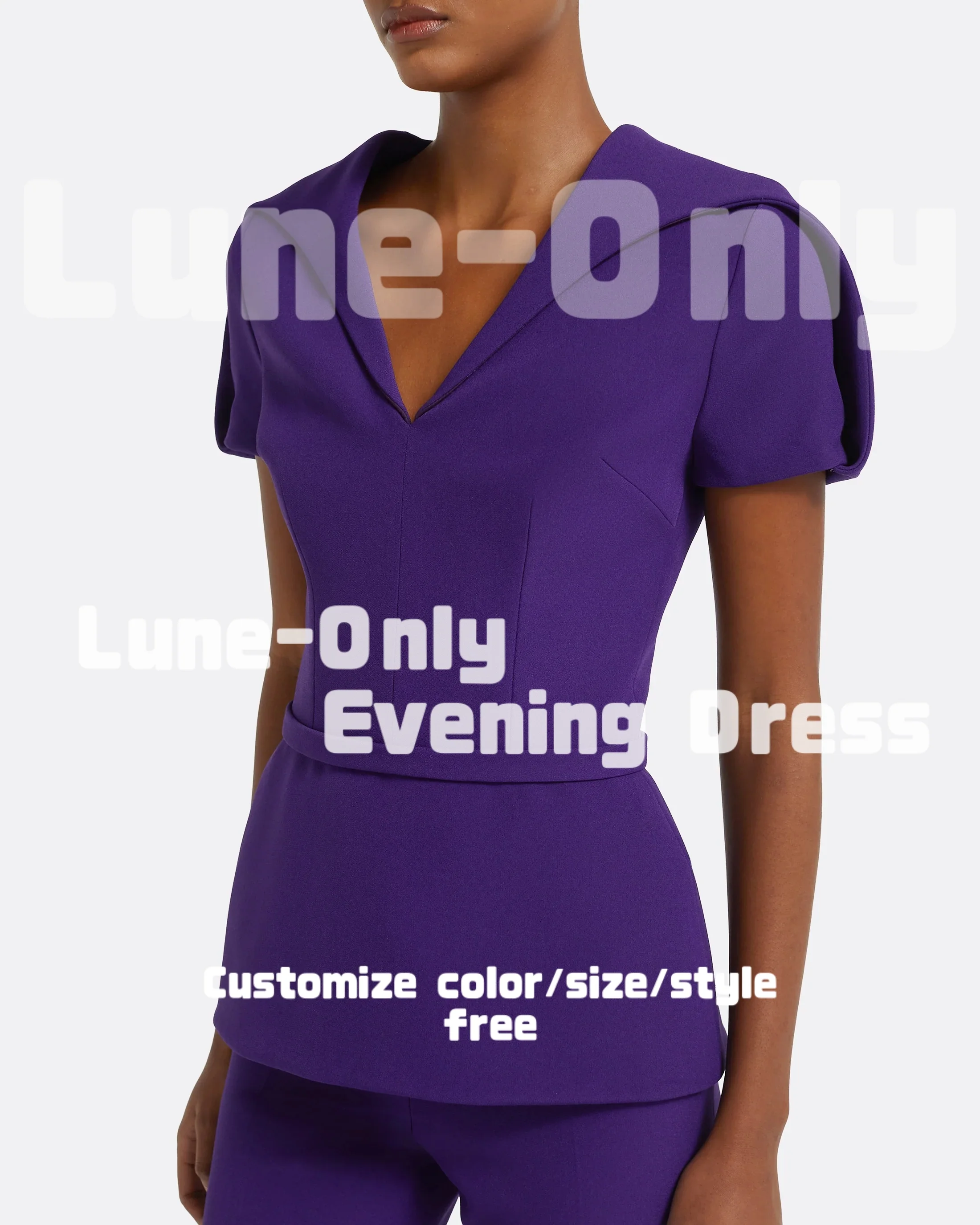 ชุดสูทแขนสั้นสีม่วงแบบสั่งตัด ชุดราตรีหรูหราสำหรับงานทางการ ชุดเซ็ต 2 ชิ้น ชุดราตรีคอวีสำหรับงานพรอม