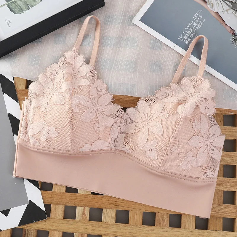 New M L Thin French Style Bralette Lace Wireless Triangle Cup Women Lingerie Soft Bra Seamless Underwear Deep V Girls