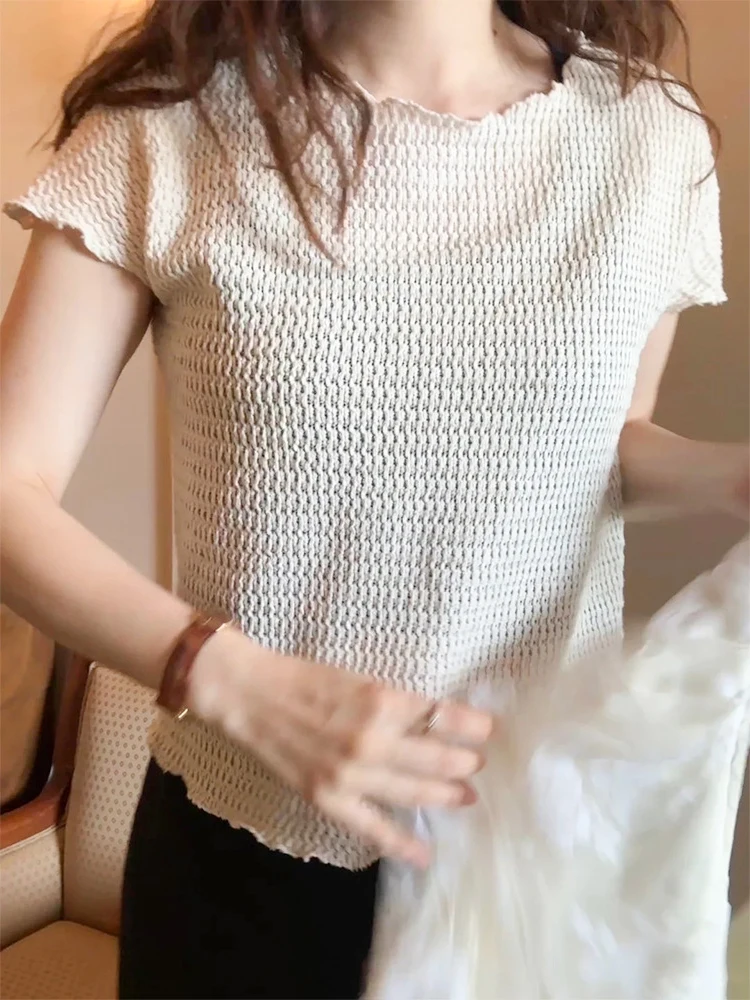 

Ele Gentle ажурный круглый вязаный топ Ne ort Sve, Новое поступление лета, женская футболка Faion, тонкое полиэфирное волокно