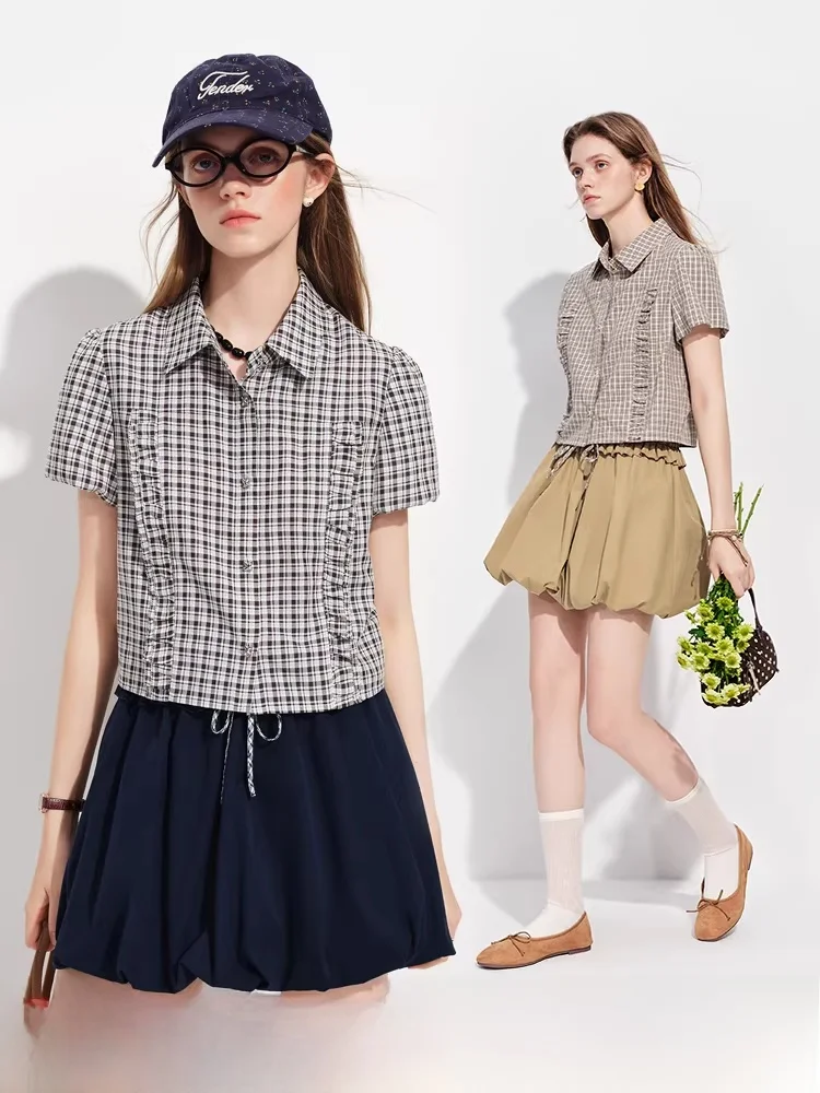 

Vivian Fan Retro Plaid College Sle irt High Waist Bloom ort Pants Set Women's Spring New Faion 2026 Casual Slim Fit