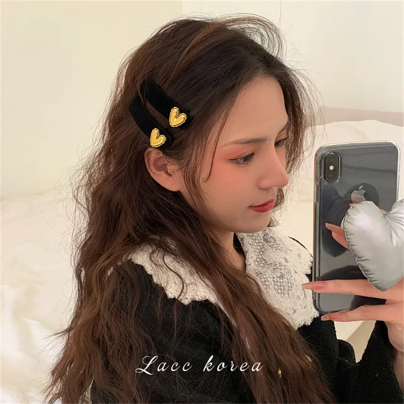 New French Retro Black Velvet Heart Pearl Girl BB Clip For Women Elegant Head Bangs Barrettes Fashion Hairpin  Accessories