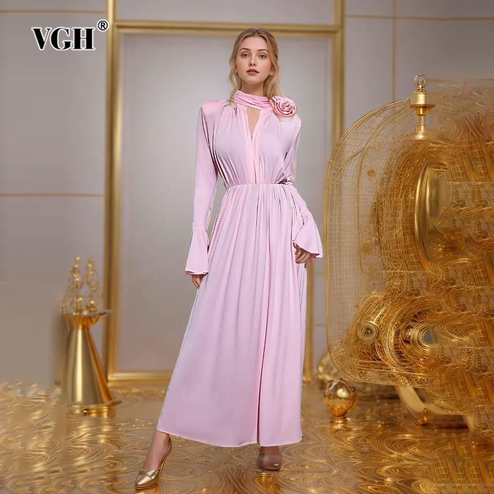 

VGH Solid Patchwork Appliques Dresses For Women Half High Collar Flare Sleeve High Waist Elegant Long Dress Female Fashion New