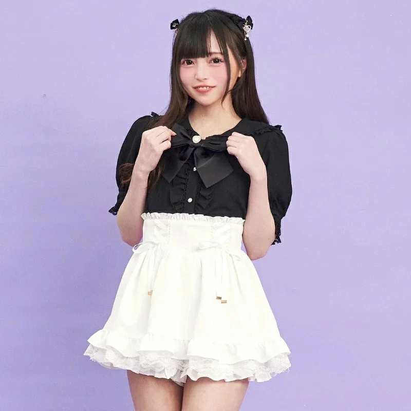 Japanese Rojiita Sweet Rabbit Ear Shirt Short-sleeved Top Bow O-Neck Lace Fungus Edge Versatile Single-breasted Blouse Ladies