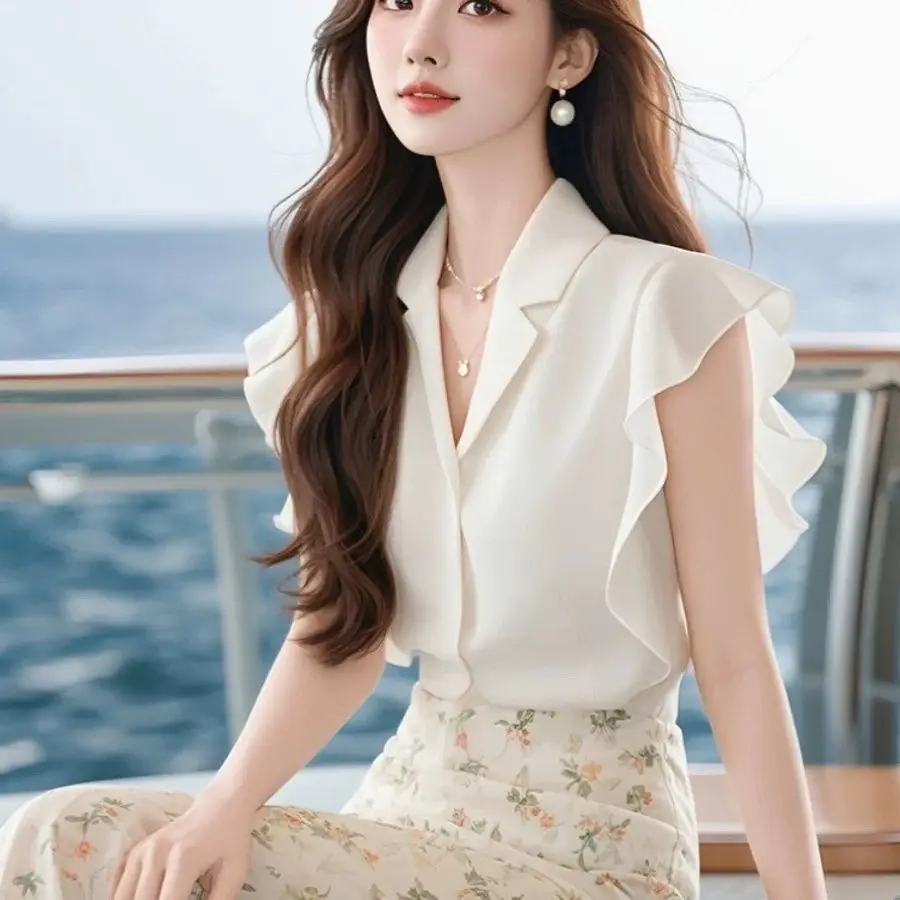 

Lace-edged sleeveless blouse for women new style with lapel and deep V-neck fashionable and versatile top ladies' clothing