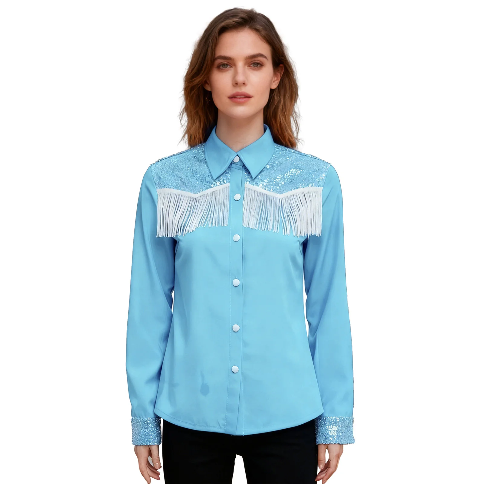 

Women Fashion Hippie Tassels Sequins Shirt Long Sleeve Western Cowgirl Role Play Blouse Tops for Halloween Themed Activities