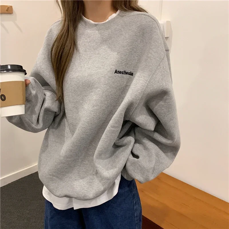 Orange Gray Sweatshirt Women M-XL Fake Two Piece Oversized Hoodie Female Loose Korean Fleece Letter Embroidery 2024 Streetwear