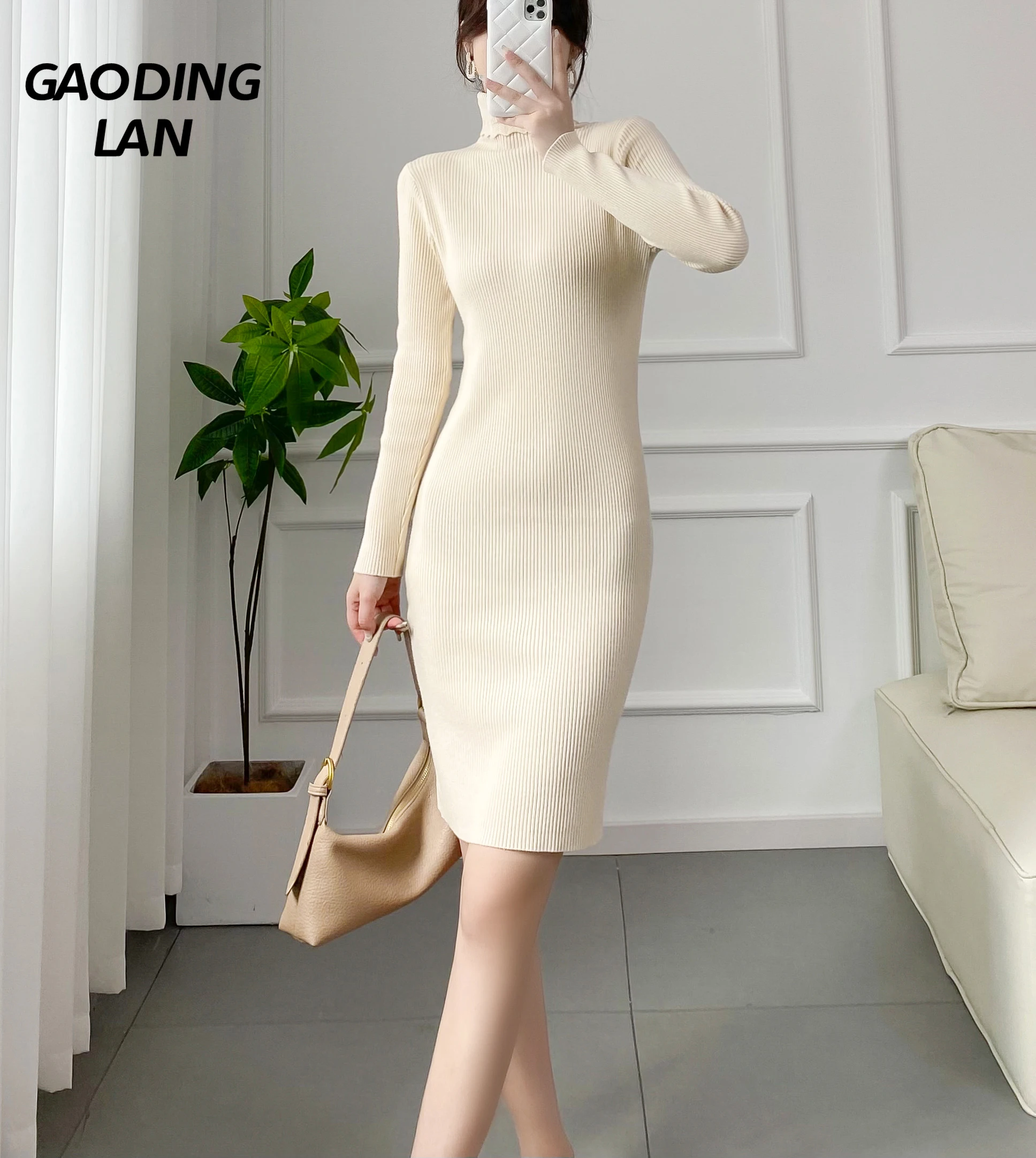 

GAODINGLAN Temperament Turtleneck Solid Color Women Long Sleeve Dresses Slim Fit Pullover Sweater Dress Female Sexy Bottom Dress